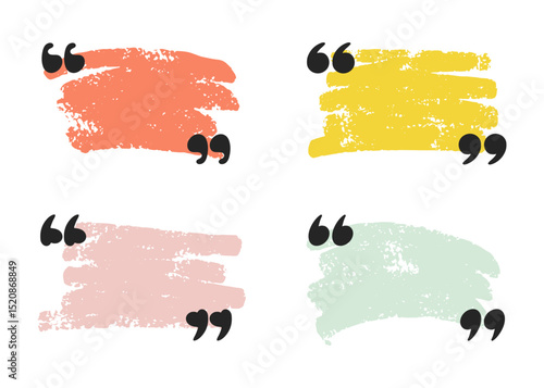 Grunge quote text boxes with brush stroke backgrounds. Hand drawn vector speech bubbles with quotation marks for feedback, testimonials, posts, and inspirational quotes. Artistic and creative elements