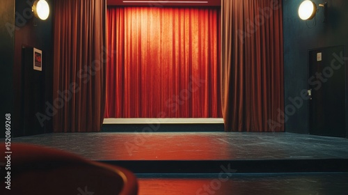 Empty vintage theater with red curtain and spotlight in nostalgic cinematic dramatic interior lighting scene