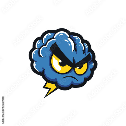 Angry Blue Brain Mascot with Lightning Bolt, Fierce blue cartoon brain character with angry eyes and lightning bolt, symbolizing mental power, intensity, and determination.

