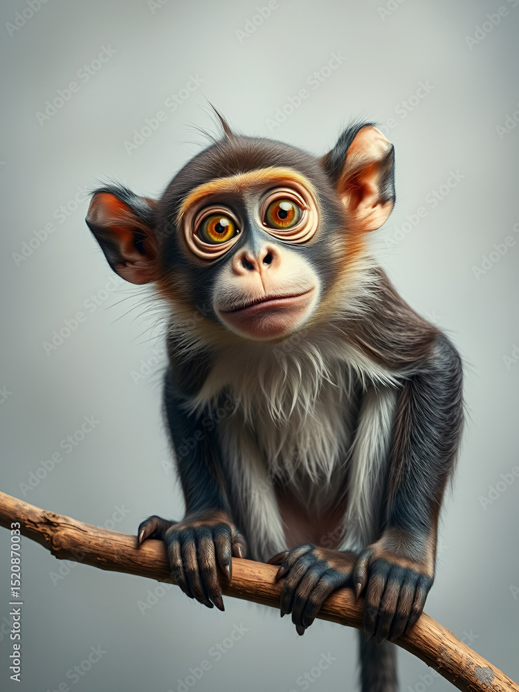 Fototapeta premium A goofy, wide-eyed primate with a ludicrous expression and flopping ears, sits awkwardly on a branch, embodying comedic, carefree, and utterly absurd monkey business.
