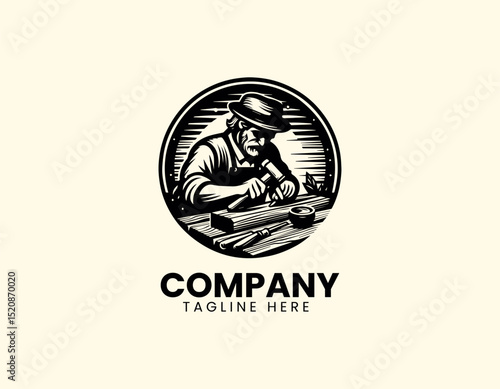 Skilled Wood Carver Dedicatedly Crafting Wood with Traditional Tools Vector Logo Design