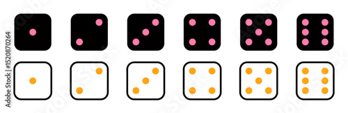 White dice with black dots in 3D vector style, casino game element with numbers from one to six. Flat vector illustration isolated on white background.