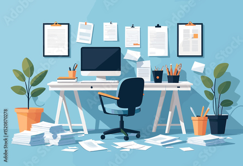 Modern Home Office Workspace with Computer, Plants, and Organized Documents on Blue Background