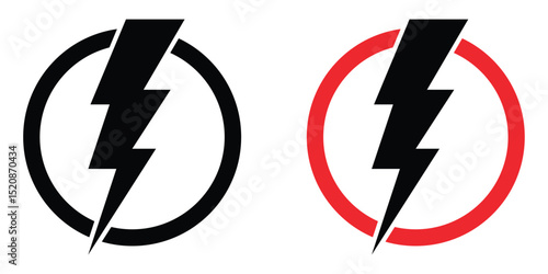 No Electricity and Lightning Bolt Icons – Vector Set of Power Outage, Warning, and Thunderbolt Signs.
