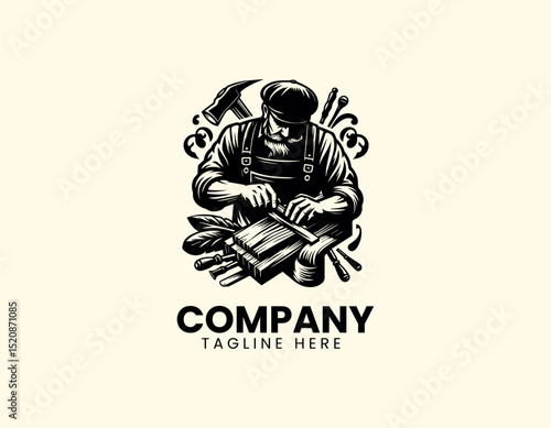 Skilled Wood Carver Dedicatedly Crafting Wood with Traditional Tools Vector Logo Design