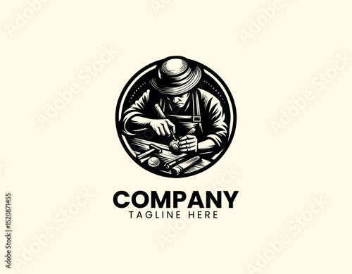 Skilled Wood Carver Dedicatedly Crafting Wood with Traditional Tools Vector Logo Design