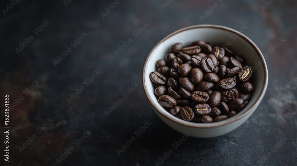 Fototapeta premium Coffee beans in ceramic bowl on dark stone surface with dramatic rustic morning light