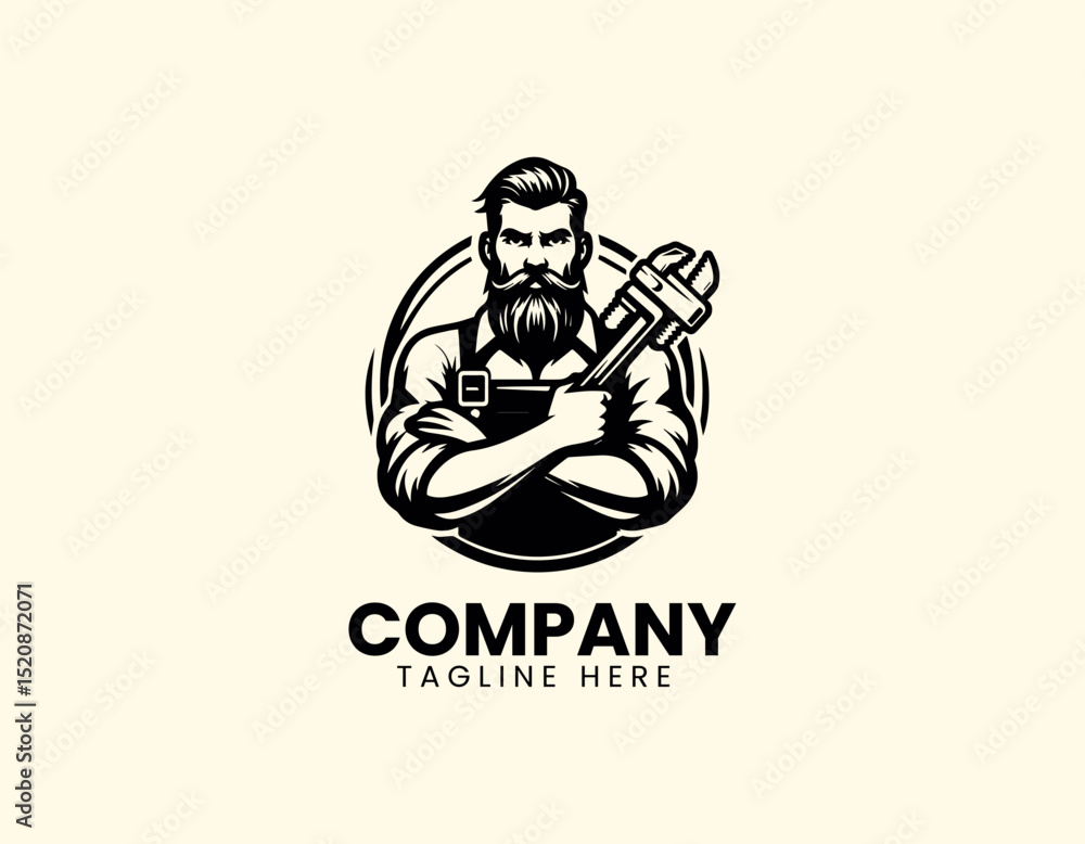 Skilled Professional Bearded Plumber Cross-Armed Wrench Holding Vector Logo Design Skilled Professional Bearded Plumber Cross-Armed Wrench Holding Vector Logo Design