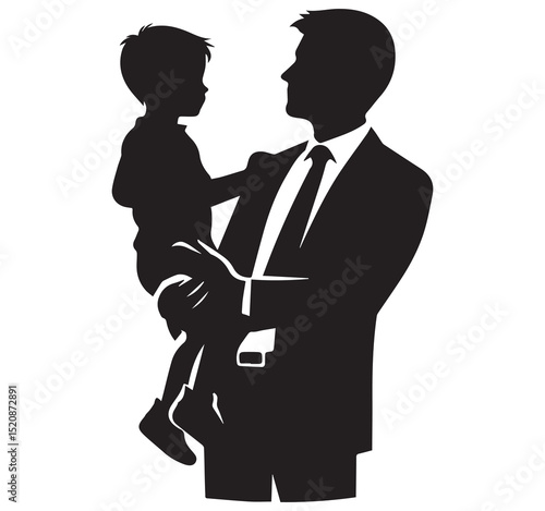 Black White Silhouette Illustration Father Holding Son Man in Suit Vector Art