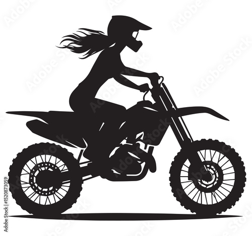 Black Silhouette Vector Illustration of a Female Motocross Dirt Bike Rider with Helmet and Flowing Hair Action Graphic Design