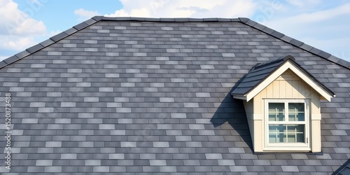 Dark gray asphalt shingles on a new home's roof, ample empty space, modern home,  housetop