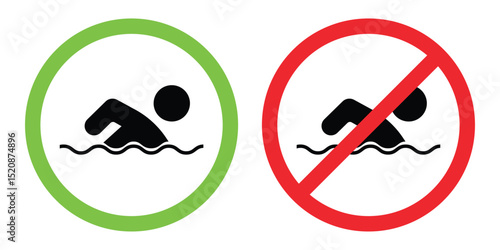 Swimming Allowed and No Swimming Signs – Vector Icons for Safety Rules and Bathing Zone Indication.