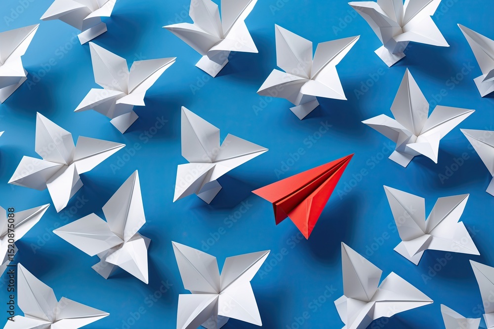 Business Strategy for Innovation Showcased by a Distinct Cluster of White Paper Planes with One Red Plane Diverging Against a Vibrant Blue Backdrop Business Strategy for Innovation Showcased by a Distinct Cluster of White Paper Planes with One Red Plane Diverging Against a Vibrant Blue Backdrop