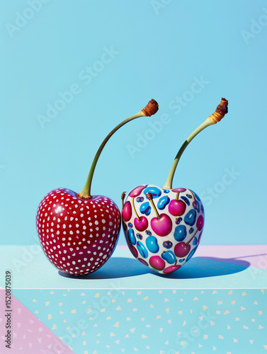Two cherries in vibrant, contrasting colors placed on a smooth, flat surface.