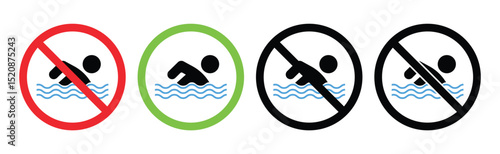 Swimming Allowed and No Swimming Signs – Vector Icons for Safety Rules and Bathing Zone Indication.
