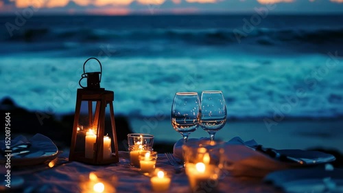 Candlelit beach dinner at night with wine and lanterns, creating a romantic and cozy ambiance.