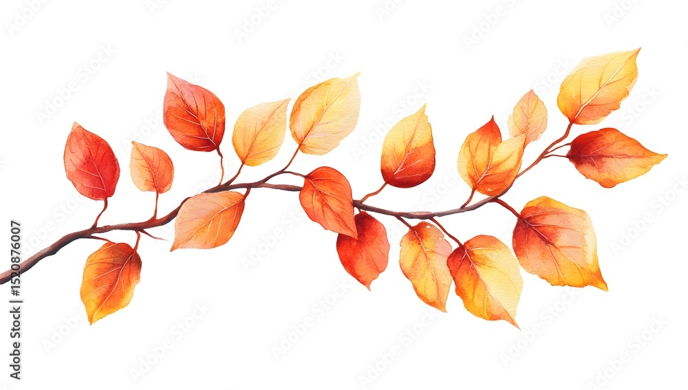 Fototapeta premium Watercolor autumn leaves on a branch, clip art on a white background, vector illustration, simple design, high-resolution professional photograph,