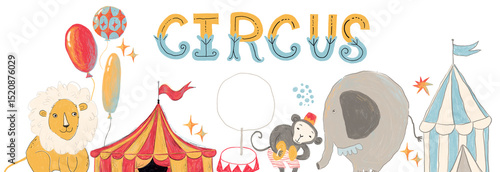 Circus border illustration. Lion, tent, monkey, elephant. Place for text.