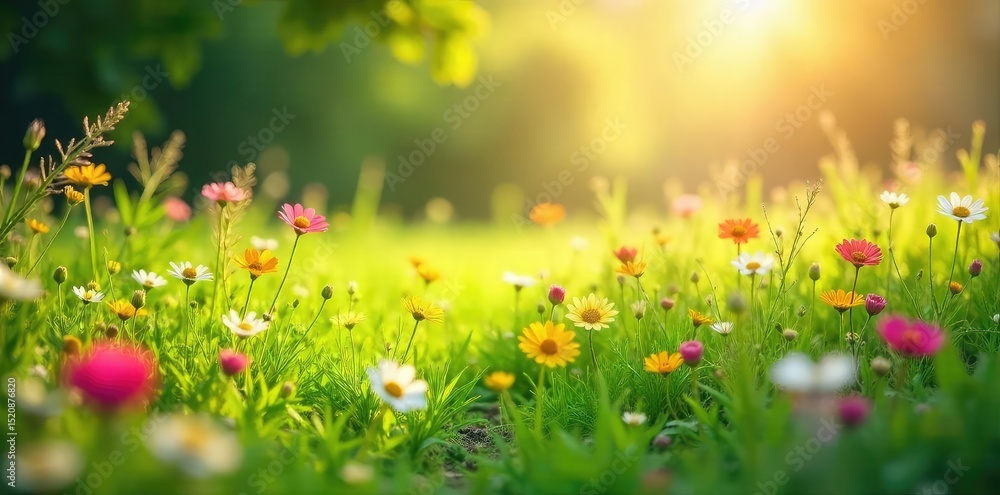 Obraz premium Sun-drenched meadow bursting with vibrant wildflowers and lush green grass, gently swaying in a soft breeze Perfect for spring backgrounds and nature themes , spring, bright, pasture