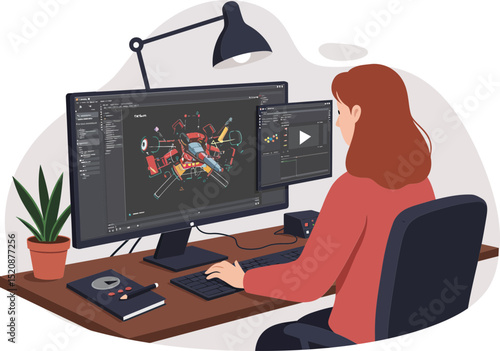 A flat design illustration of a person working on video game character design.
