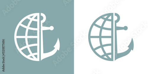 Logo nautical. Silueta de ancla de barco con globo terráqueo. Transporte marítimo internacional.