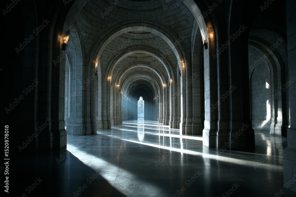 Fototapeta premium Perfectly symmetrical architectural corridor with repeating archways