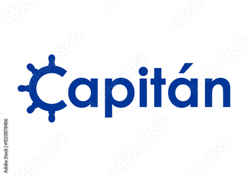 Logo nautical. Banner con palabra Capitán en español con volante de timón de barco en lugar de letra C