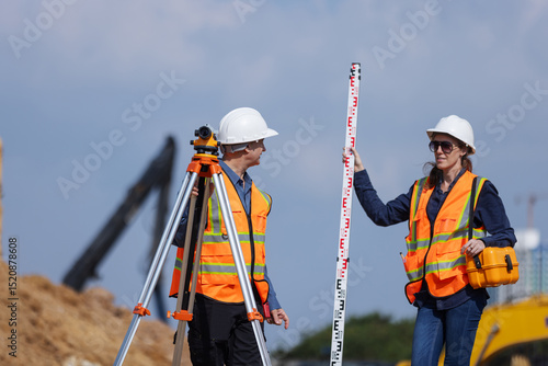 Cuadro en lienzo Two construction surveyors in safety gear stand at a job site using a tripod-mounted total station and leveling rod to measure land elevation, essential for site layout and infrastructure planning