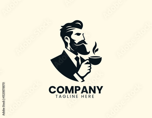 Distinguished Bearded Man Gracefully Holding Warm Coffee Cup Vector Logo Design