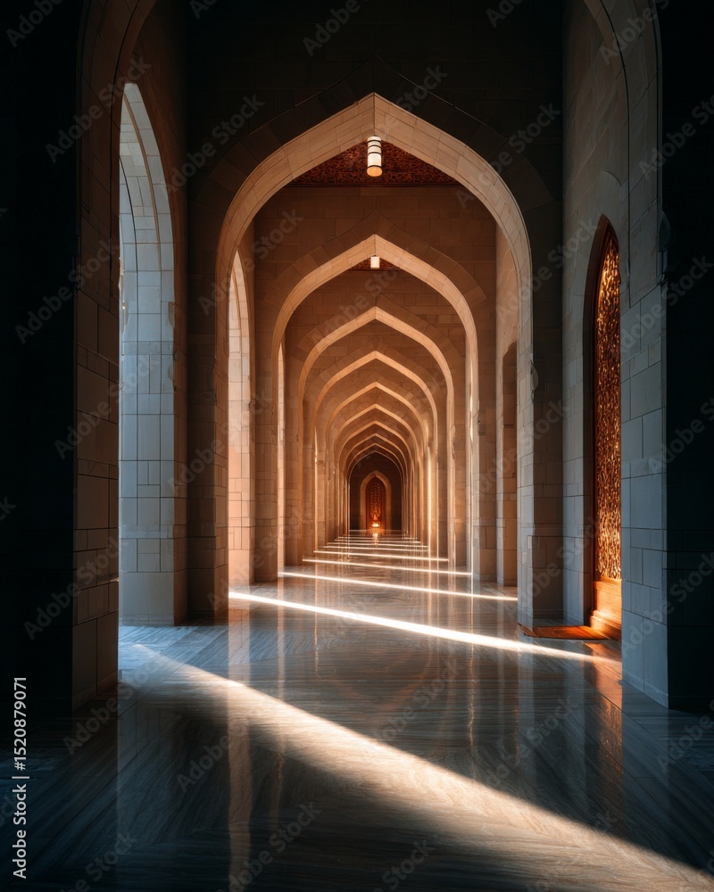 Obraz premium Perfectly symmetrical architectural corridor with repeating archways