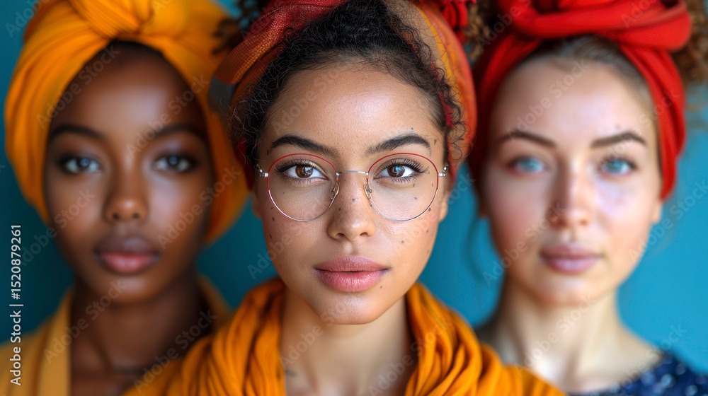 Fototapeta premium Diverse women with colorful head wraps, vibrant background