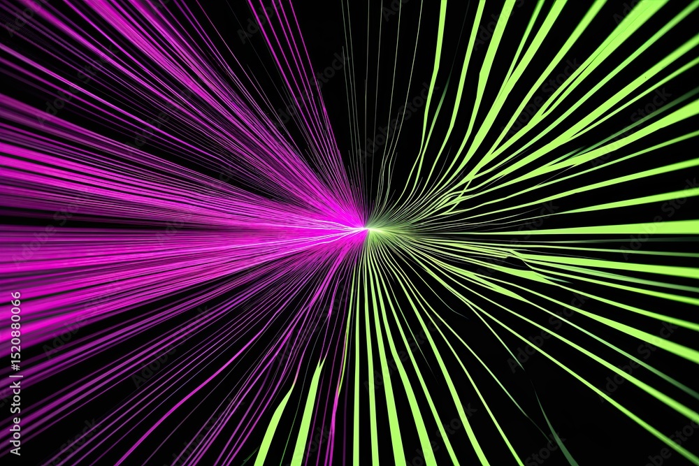 Obraz premium Radiating Digital Waves in Magenta and Chartreuse Colors on Black Background for Exploring Technology and Communication Advances