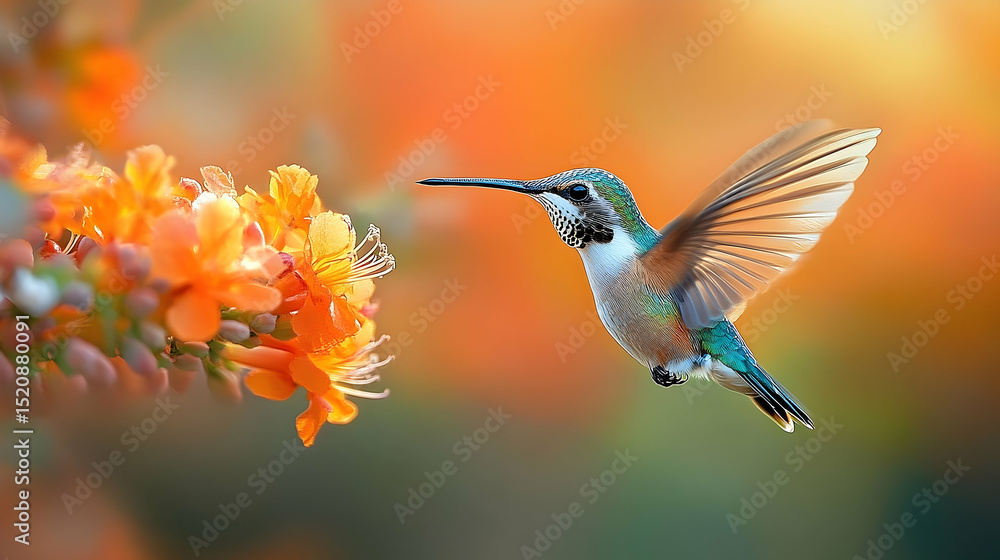 A hummingbird in flight, hovering near vibrant orange flowers. A hummingbird in flight, hovering near vibrant orange flowers.
