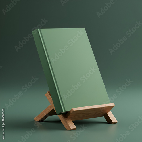 Sage green book resting on a wooden bookstand in a muted green studio setting. Blank book cover displays an unadorned surface, showcasing the bookstand. Mockup for publishing.
