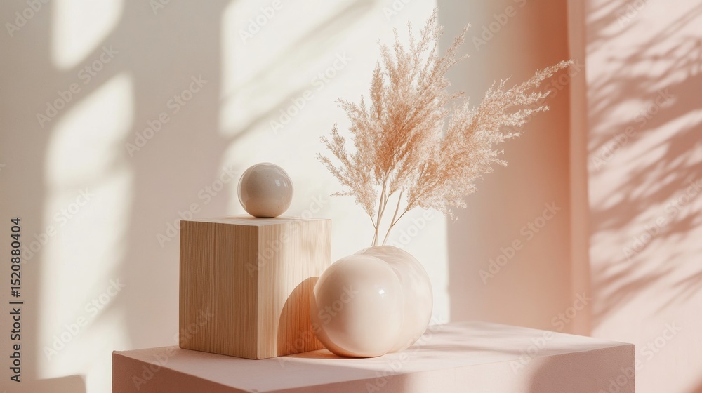 © Juan - Minimal decor set with sphere and dried flowers in sunlight editorial shadow play clean layout image © Juan - Minimal decor set with sphere and dried flowers in sunlight editorial shadow play clean layout image