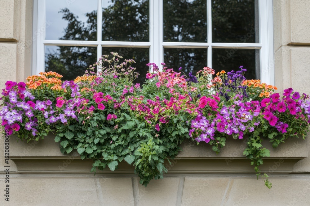 Fototapeta premium Vibrant Flower Boxes Adorning a Charming Home Front. A Summer Garden Delight with Colorful Blooms on a French-Style Terrace