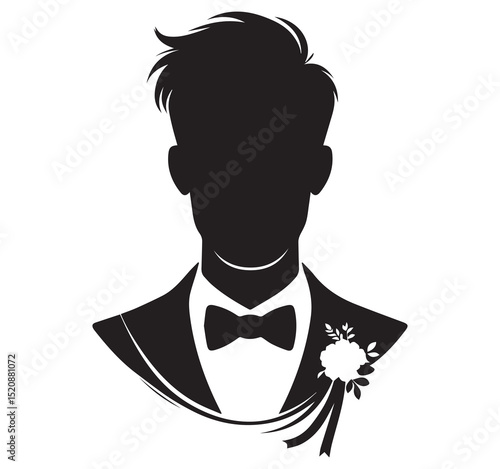 Black Silhouette Vector Illustration of a Groom in a Suit Bow Tie and Boutonniere for Wedding