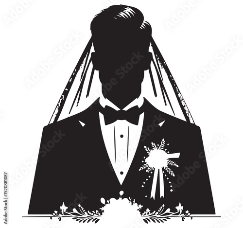 Elegant Wedding Groom Silhouette Black White Vector Art Tuxedo Bow Tie Boutonniere and Veil