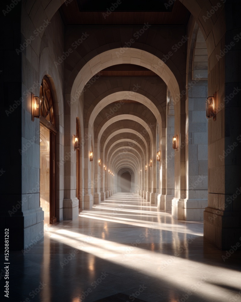 Fototapeta premium Perfectly symmetrical architectural corridor with repeating archways