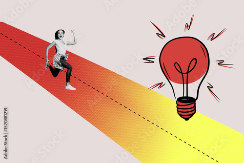 Bilde på lerret Creative full art collage of happy purposeful girl run path light bulb idea find
