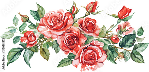 Watercolor Illustration of Red Roses and Buds with Green Leaves on a White Background Perfect for Wedding Invitations and Floral Design Projects Isolated