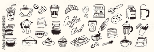 Coffee hand drawn doodle sketch set vector illustration. Morning breakfast, milk, dessert, croissant, machine, menu icons collection.