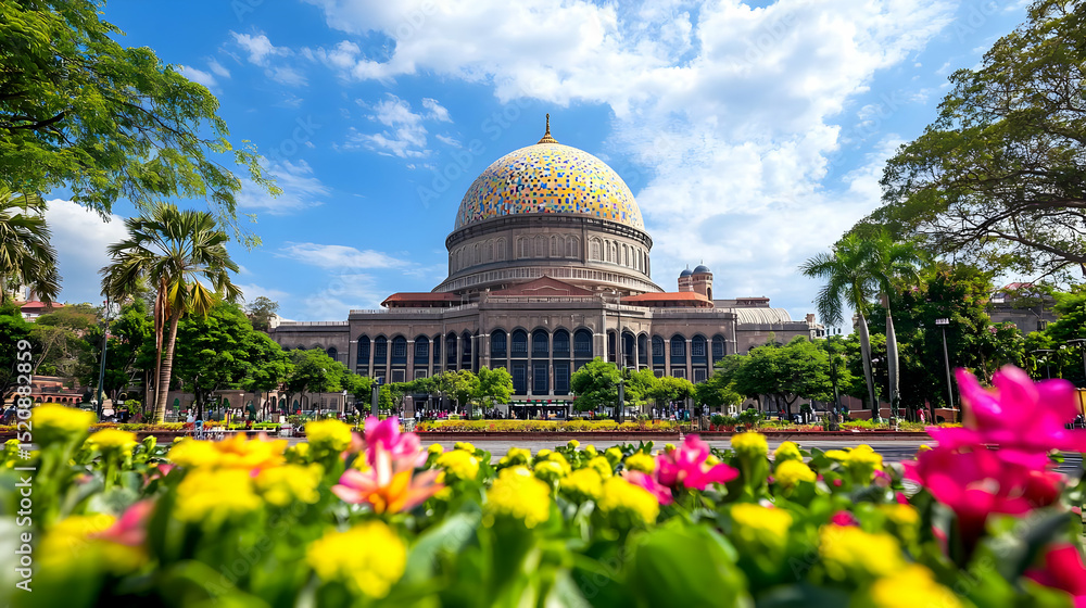 Fototapeta premium Colorful Dome Building Surrounded By Flowers In Park