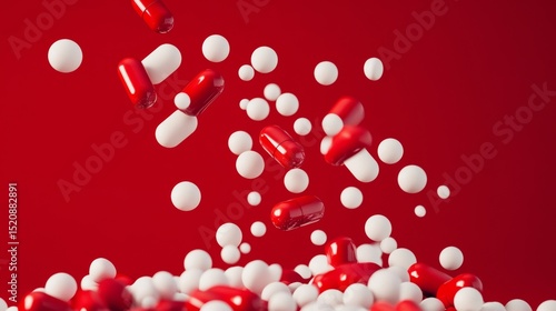 Capsules flying on red background with pharmaceutical floating white pills in action splash
