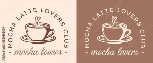 Mocha latte coffee lovers club comfort warm drink fall winter season fancy aesthetic girls shirt design logo. Girly vintage retro cute cup heart art printable illustration poster print badge sticker.