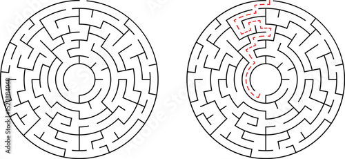 Circular maze with solution path shown to illustrate problem solving and strategy