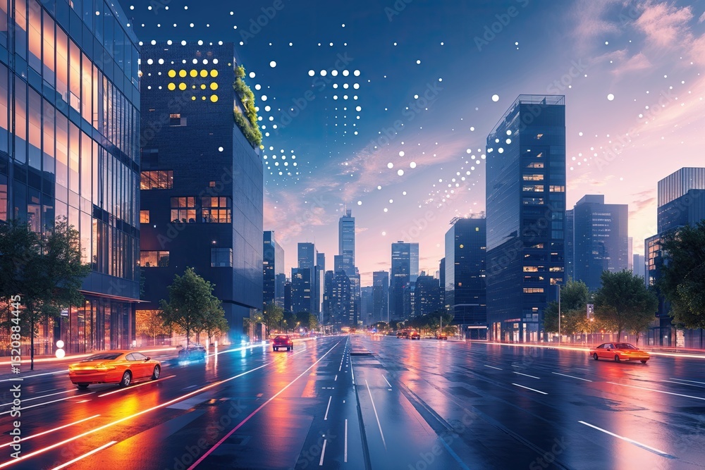 Obraz premium Trendy Urban Skyline with Vibrant Dot Transitions and Smooth Gradients