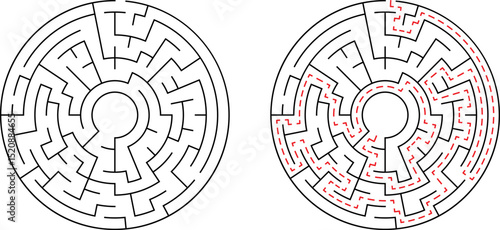 Circular maze illustration with two sides representing problem solving and solution finding
