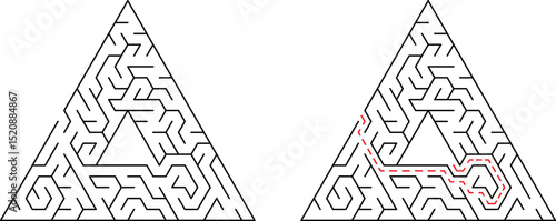 Triangular maze vector illustration with solved path representing solution and problem solving
