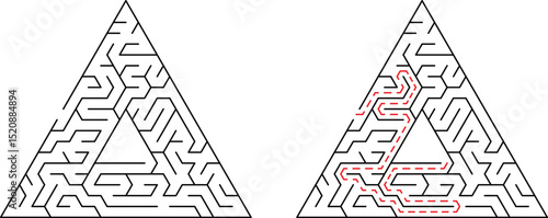Complex triangular maze with solution illustration demonstrating a clear path and logical navigation